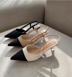 투톤 배색 스틸레토 명품 슬링백  펌프스 미들 힐